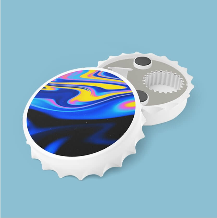 A mockup of a custom bottle opener with abstract illustrations.